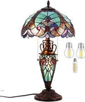 Green Tiffany Style Table Lamp With Stained Glass Vase Base, 12 Inch Shade, 22 Inch Tall, with light bulbs displayed, S160G Series, UL Listed