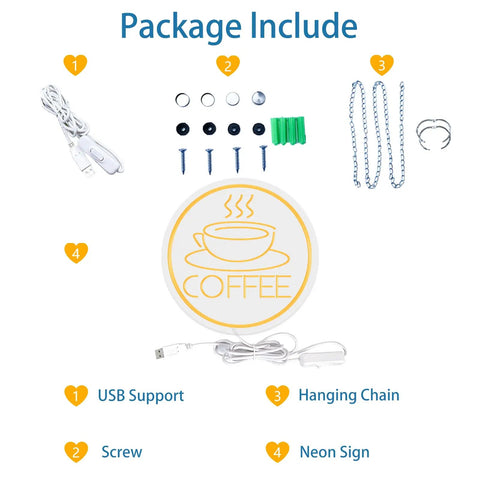 Package contents of Coffee Cup Neon Sign USB Powered LED Light With 3D Engraved Art including USB cable, screws, and hanging chains.