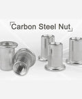 Close-up of carbon steel nuts, not the 100 Piece M6 Flat Head Threaded Aluminum Rivet Nut Blind Insert Nut Set With Tool For Easy Installation