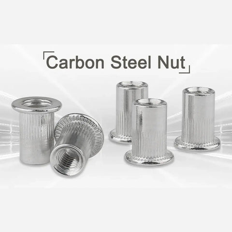 Close-up of carbon steel nuts, not the 100 Piece M6 Flat Head Threaded Aluminum Rivet Nut Blind Insert Nut Set With Tool For Easy Installation