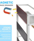 Magnetic Foldable Paper Towel Holder With Shelf And 5 Removable Hooks 2-In-1 Garage Storage Organizer for tool shed, showing side view and strong magnet attachment.