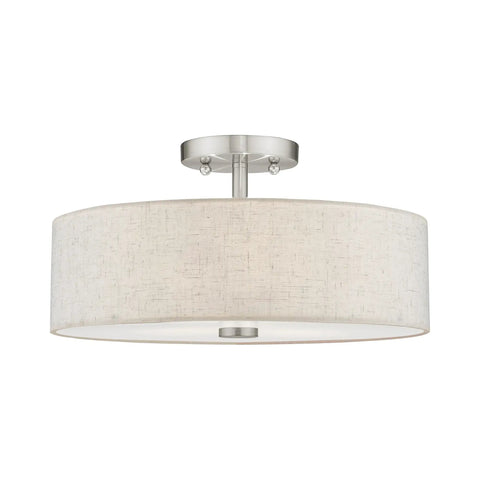 Meridian 3 Light Ceiling Mount Fixture In Brushed Nickel With Oatmeal Fabric Drum Shade Semi Flush Mount Lighting For Living Room Hallway Or Dining Area Stylish Steel Frame Modern Classic Home Decor