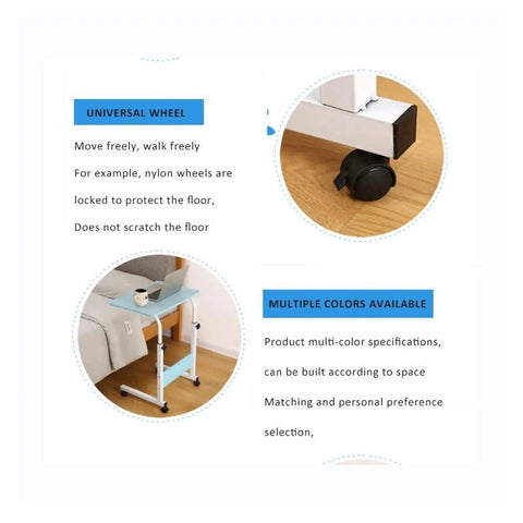 Adjustable Height Rolling Laptop Cart With Spacious Work Surface And Locking Caster Wheels showing universal wheels and color options.