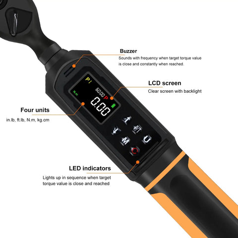 Digital Torque Wrench With 3 Eighths Inch Drive And Dual Direction Ratchet, showing LED screen and controls for automotive use.