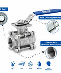 4 Inch NPT Full Port Ball Valve 3 Pack Female Threaded 304 Stainless Steel Heavy Duty with blue locking handles.