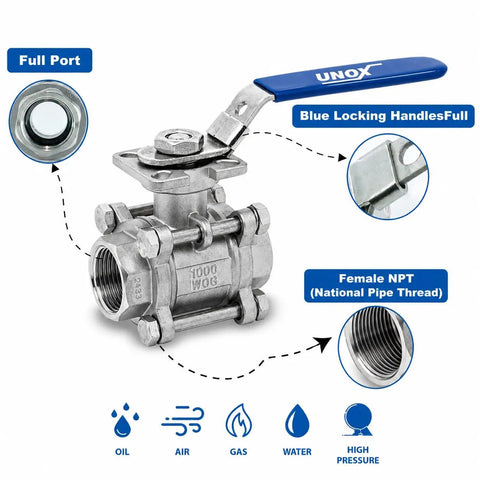 4 Inch NPT Full Port Ball Valve 3 Pack Female Threaded 304 Stainless Steel Heavy Duty with blue locking handles.