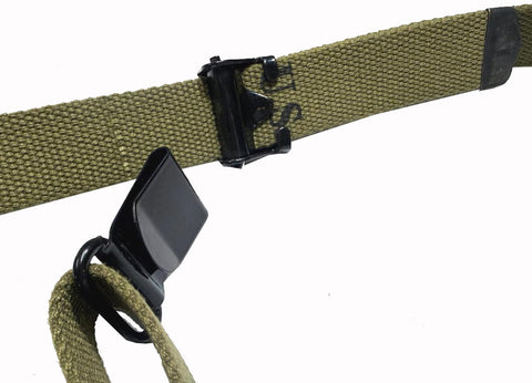 Close-up of OD Green M1 Garand Two Point Rifle Sling US GI Pattern Cotton Canvas Web Sling With Correct WW2 Hardware Reproduction