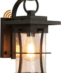 Dusk To Dawn Outdoor Wall Light With Photocell Sensor, Waterproof Matte Black Exterior Wall Mount Porch Lamp, Seeded Glass