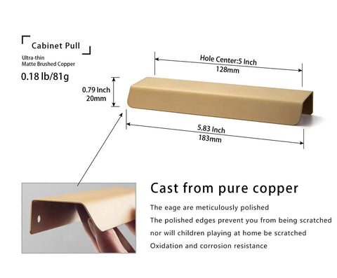 Top Shelf Pure Brass Finger Pulls With Brushed Matte Finish Hella Slim Modern Cabinet Handles Five Inch Center To Center Six Pack Rock Solid Hardware For A Slick Home Refresh, ultra-thin copper cabinet pull with polished edges.
