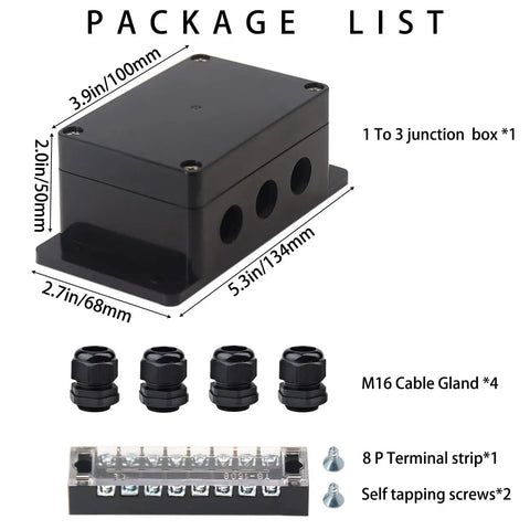 Watertight Junction Box IP67 Electrical Enclosure with 8P 15A barrier terminals with cable glands, package contents shown