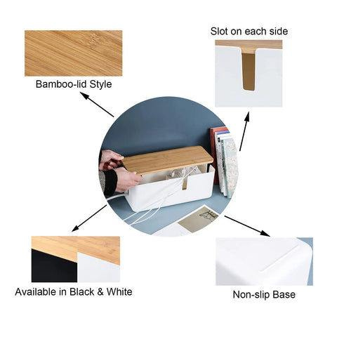 Bamboo Lid Cable Management Box Hide Cords and Surge Protectors for Home and Office with Features Highlighted
