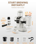 White Semiautomatic Espresso Machine With Built In Grinder And Adjustable Steam Wand 20 Bar Pump dimensions and included accessories.