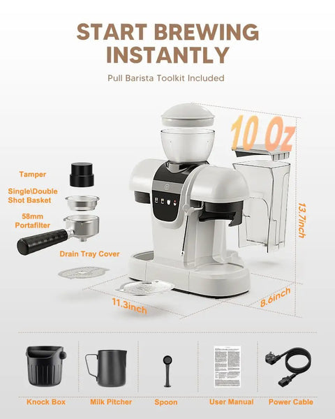 White Semiautomatic Espresso Machine With Built In Grinder And Adjustable Steam Wand 20 Bar Pump dimensions and included accessories.