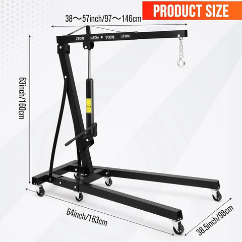 Heavy Hitter Foldable Hydraulic Engine Hoist Cherry Picker 4400 Lbs Capacity dimensions with pulleys and black finish.