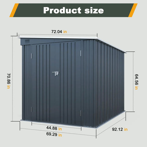 Six By Eight Ft Lean To Shed With Skylight And Double Doors, Metal Outdoor Storage Shed size dimensions illustration