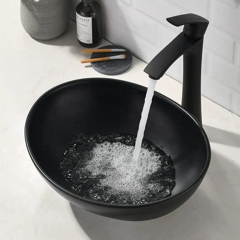 Rectangle Vessel Sink With Matte Black Exterior And White Interior, 19x15 Inch Above-Counter Bathroom Vanity Sink, Porcelain Ceramic With Faucet And Drain Combo