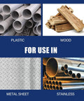 Amazon 13-piece cobalt drill bits set collage: plastic pipes, wood, metal sheet, and stainless tubes on blue background.