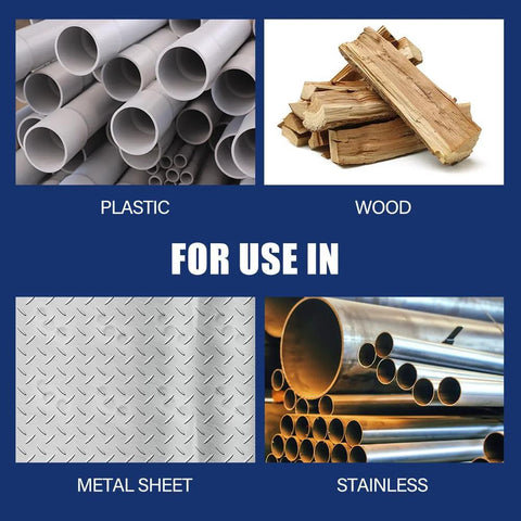 Amazon 13-piece cobalt drill bits set collage: plastic pipes, wood, metal sheet, and stainless tubes on blue background.