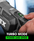 Pro Grade 24V Brushless Cordless Right Angle Drill Turbo mode activation button for enhanced power and speed.