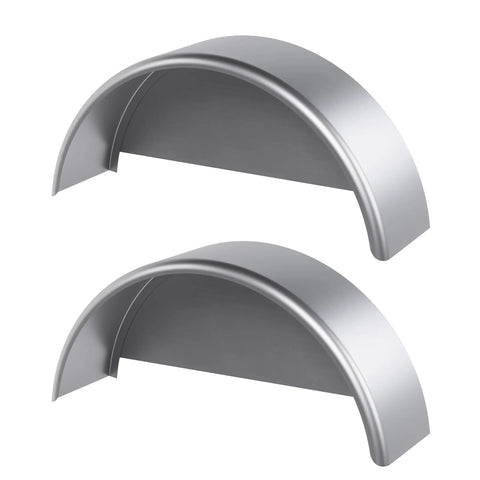 Single Axle Trailer Fenders With Fender Backs Fits 14 To 16 Inch Wheels Heavy Duty Steel Guard shown in silver finish