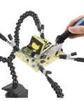Third Hand Soldering Station With Adjustable Gooseneck Arms holding PCB under soldering iron, multi function repair tool
