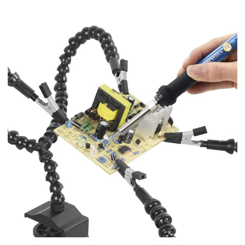 Third Hand Soldering Station With Adjustable Gooseneck Arms holding PCB under soldering iron, multi function repair tool
