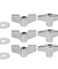 Set of stainless steel wing nuts and T nuts with washers, known as Stainless Steel Wing Nuts And T Nuts Set For Drum Hardware Fixing Cymbals And Stands Includes Washers And Ring T Track Bolts And T Slot Bolts Wear Resistant Nuts For Rock Solid Drum Kit Connections, shown on white background