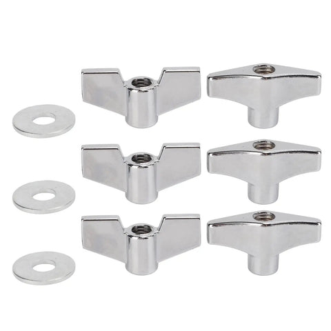 Set of stainless steel wing nuts and T nuts with washers, known as Stainless Steel Wing Nuts And T Nuts Set For Drum Hardware Fixing Cymbals And Stands Includes Washers And Ring T Track Bolts And T Slot Bolts Wear Resistant Nuts For Rock Solid Drum Kit Connections, shown on white background