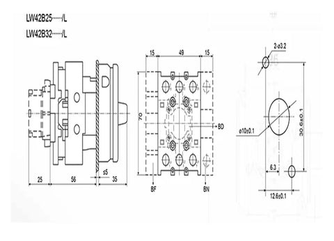 Technical diagram of Load Circuit Breaker LW42B 32A 690VAC Heavy Duty Main Control Power On Off Equipment Screw Terminal