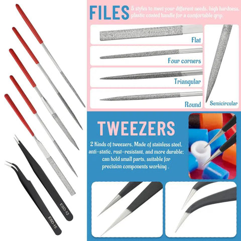 5 styles of files and tweezers from 28 Piece Model Tools Kit For Hobby Builders, Essential DIY Craft Set For Cars, Airplanes, Buildings