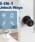 4 In 1 Smart Door Knob With Keypad, Fingerprint, Password And App Lock, shown installed on a white door