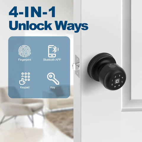 4 In 1 Smart Door Knob With Keypad, Fingerprint, Password And App Lock, shown installed on a white door
