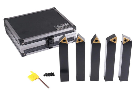 Pro Grade 1 Inch Shank 5 Piece Indexable Turning Tool Set With TiN Coated Carbide Inserts For Smooth Cuts, Positive Rake And 7 Degree Clearance, Includes STACR STNCR STECN STDCR STCCR Holders For Lathes And Turning Centers