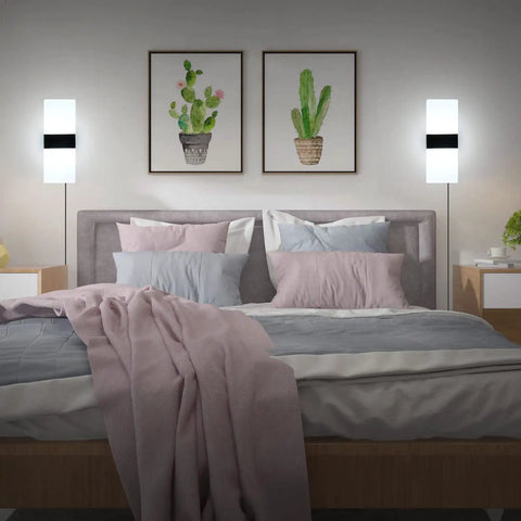 Bedroom setup with Plug In Wall Light Sconce With Adjustable Color Temperature, 12W Indoor Lamp, 3 color temperatures, 2 Pack
