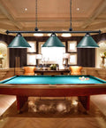 59 Inch Hanging Pool Table Light With Three Shade Billiard Lamps, green finish above elegant pool table in dining room