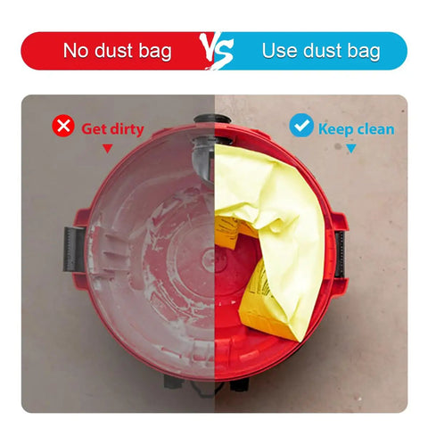 Comparison of shop vacuum with and without Five Pack Fine Dust Filter Bags For 6 To 9 Gallon Shop Vacuums Replacement Bags For 17584 And 17590 Series CMXZVBE39970 Compatible Heavy Duty Dust Bags For Home Garage Shop Projects And Quick Cleanups showing dirty and clean results.