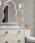 Super Sleek Geometric Stripe Vinyl Wallpaper Shows Off Subtle Leather Texture And Delivers Knockout Durability For Heavy Traffic Commercial Spots Or Wild Home Rebounds Featuring Type Ii Sturdiness And Custom Prints That Bring The Real Deal Vibes in a bathroom setting with a mirror and vanity.