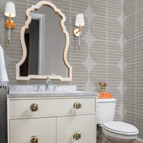 Super Sleek Geometric Stripe Vinyl Wallpaper Shows Off Subtle Leather Texture And Delivers Knockout Durability For Heavy Traffic Commercial Spots Or Wild Home Rebounds Featuring Type Ii Sturdiness And Custom Prints That Bring The Real Deal Vibes in a bathroom setting with a mirror and vanity.