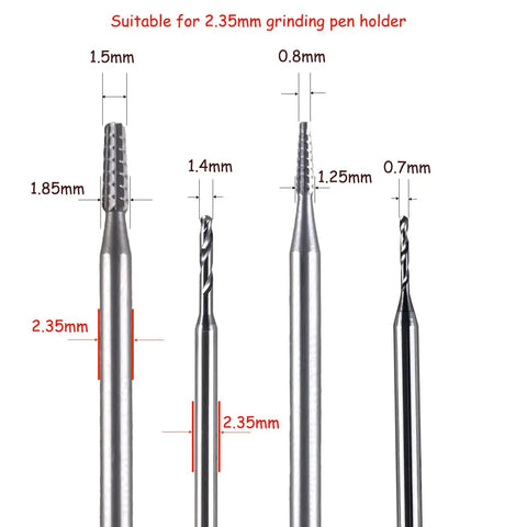 Four tungsten steel drill bits from Damaged Screw Removal Kit For Phones And Electronics, sizes 2.35mm, 1.5mm, 1.4mm, 1.25mm, 0.7mm