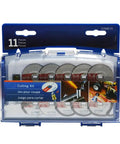 11 Piece Heavy Duty Rotary Tool Cutting Discs For Dremel Compatible in a storage case, featuring metal cutting blades and labels.