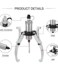 Top Rated Heavy Duty 5 Ton Split Unit Hydraulic Gear Puller Wheel Bearing Remover showing quick connector, claw, thimble, and jaw details.