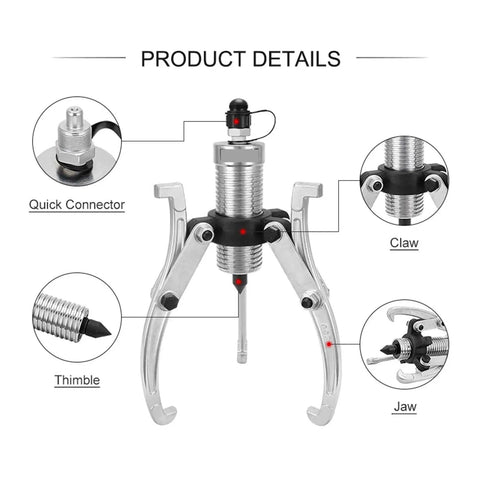 Top Rated Heavy Duty 5 Ton Split Unit Hydraulic Gear Puller Wheel Bearing Remover showing quick connector, claw, thimble, and jaw details.