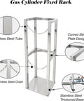 Rock Solid Heavy Duty Propane Tank Cart Rack For 8 To 10 Liter Cylinders With Zero Hassle Swivel Wheels And Thick 304 Stainless Steel Build For Tough Garage Jobs, showing stainless steel tube and chain.