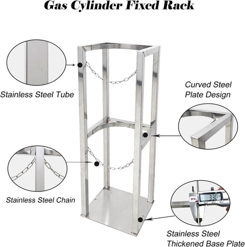 Rock Solid Heavy Duty Propane Tank Cart Rack For 8 To 10 Liter Cylinders With Zero Hassle Swivel Wheels And Thick 304 Stainless Steel Build For Tough Garage Jobs, showing stainless steel tube and chain.