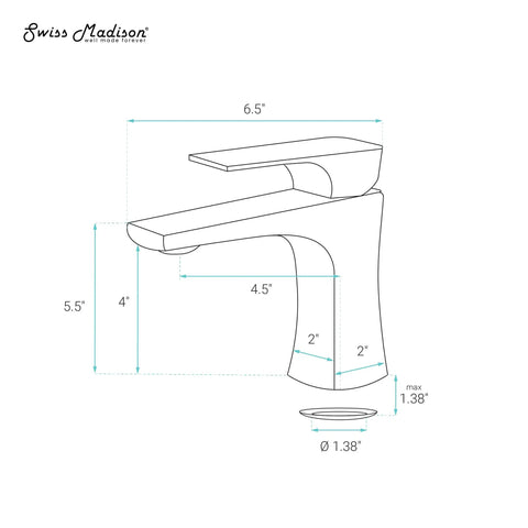 Single Hole Bathroom Faucet With Center Mount Installation, One Hand On Off And Temperature Control, line drawing with dimensions