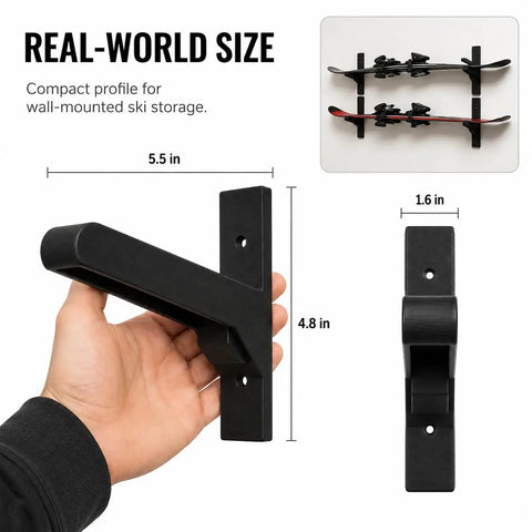Real-world size of Kick Ass Ski Wall Mount Horizontal Display Rack For Poles And Boards, black ABS, 5.5 x 4.8 x 1.6 inches.