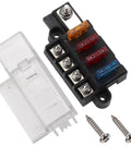 Rock Solid 4 Way Ato Blade Fuse Box With Gasket Seal Cover Dc 32V Under Hood Circuit Protector Block For Cars Boats Trucks Includes Assorted Amp Fuses, showing four fuses and clear cover.