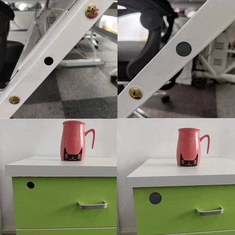 Installation view of thirty pcs black plastic hole plugs for cabinet and screw holes, 13 mm bottom diameter, on furniture.