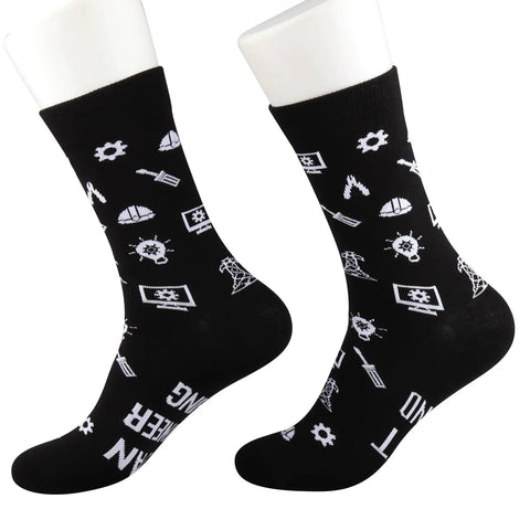 Black socks with engineering-themed icons, "Its An Engineer Thing You Wouldnt Understand Socks Funny Novelty Gift For Civil And Mechanical Engineers Comfortable Cotton Blend Crew One Size Fits Most"