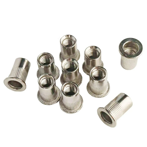 Heavy Duty Rivet Nut Tool Kit 100 Pc Set 1/4-20 UNC Rivnut Nuts in 304 stainless steel flat head threaded inserts